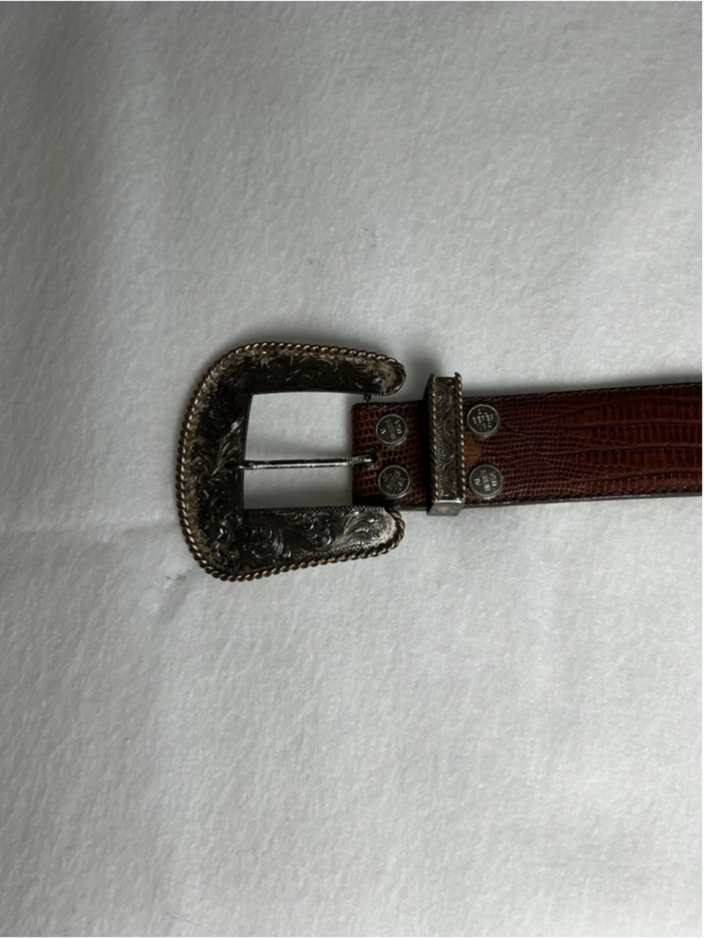 Vintage Al Beres USA Lizard Leather Belt Sz 30 Brown Western 3 Piece Tip Buckle - Picture 3 of 15